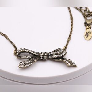 Vintage Brass Rhinestone Bow Necklace – Adjustable - Elegant Sparkling Jewelry